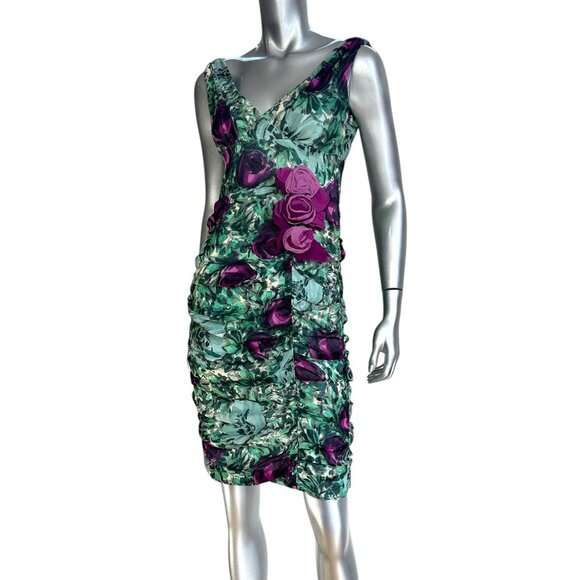 Nanette Lepore Silk Green & Purple Floral Print Sleeveless Dress with Ruching 4 - Picture 9 of 10